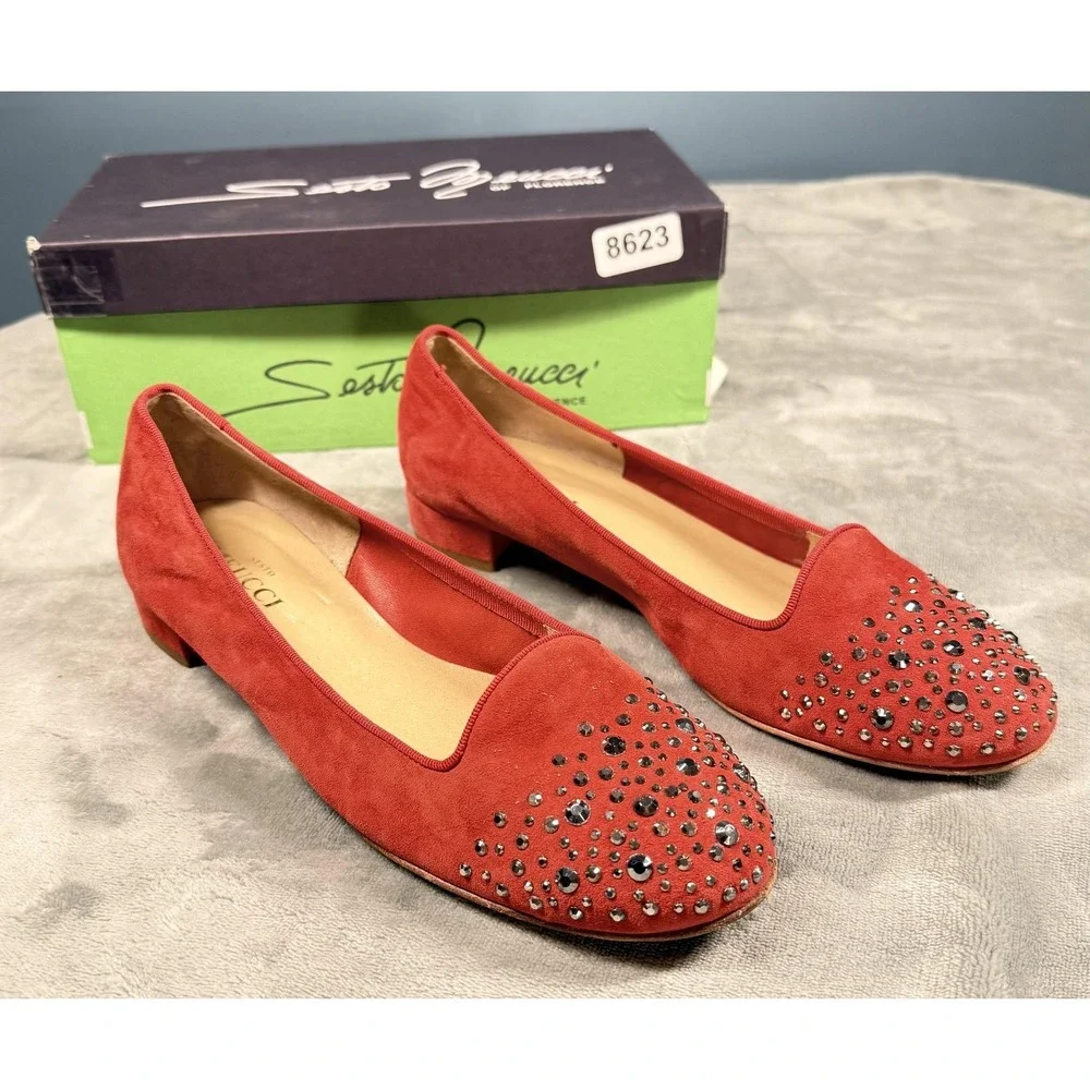 Sesto‎ Meucci Shoes Womens Size 9.5 Red Suede Rhinestone Flats Slip On Italy